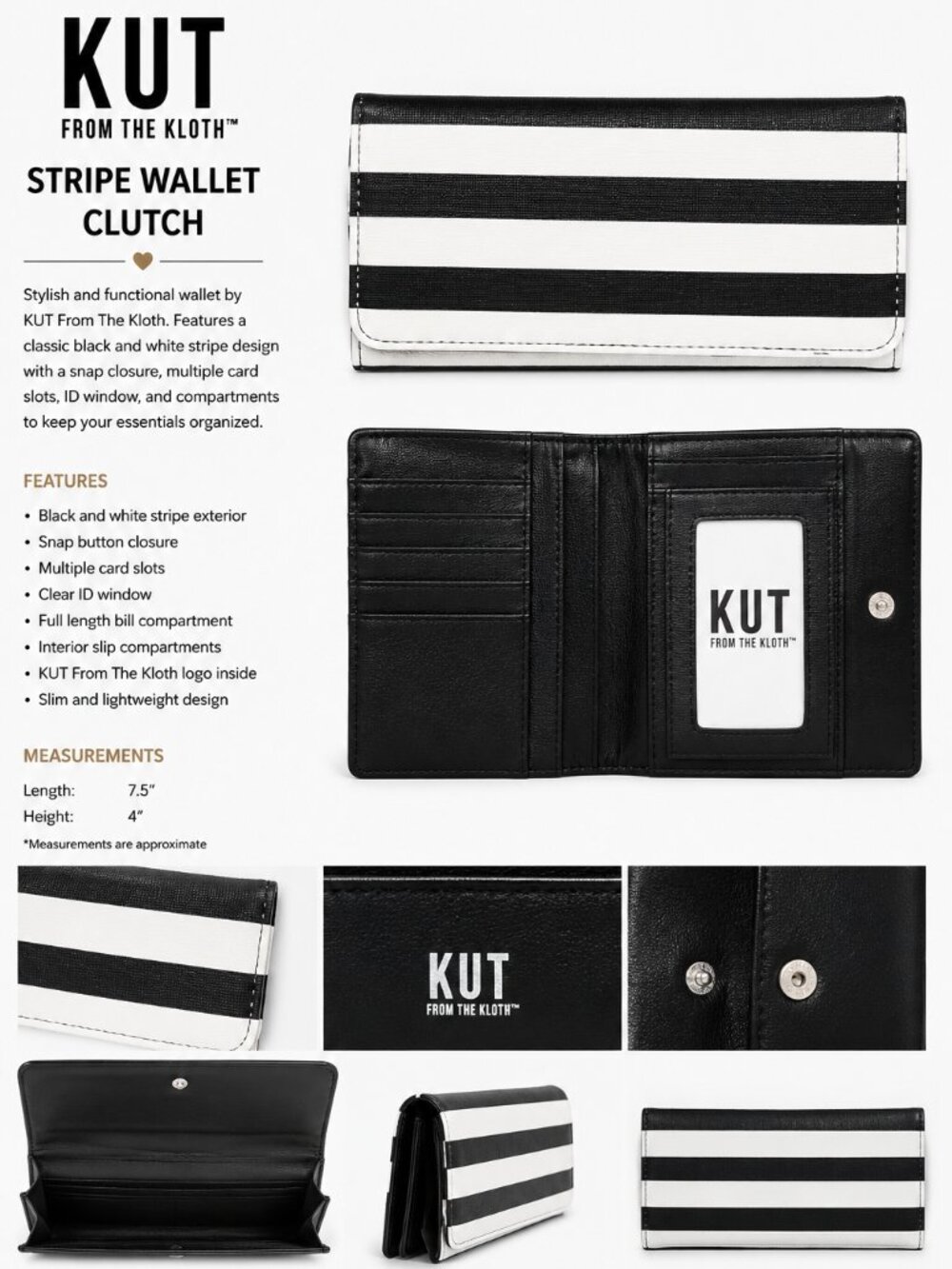 KUT From The Kloth Black White Stripe Snap Closure Wallet Clutch